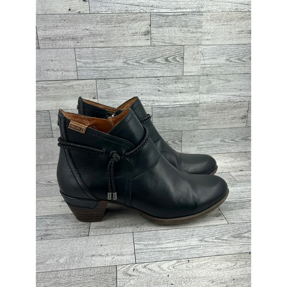 Pikolinos‎ Black Leather Ankle Boots Braided Cord Detail Women Sz EU 39 US 8.5